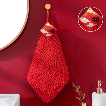 Червена шенилна кърпа за ръце Китайски стил Бързосъхнеща абсорбираща анимационна кърпичка за носна кърпа за домашна баня Висящи кърпи E5E0