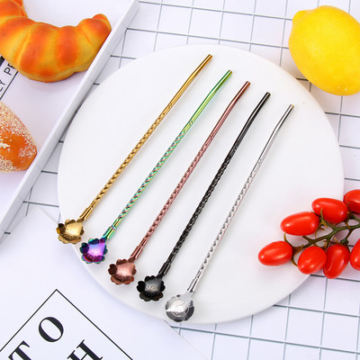 Long Twisted Straw Spoon Portable Stainless Steel Tea Scoop Bent Filter Colored Drinking Straw Cocktail Coffee Stirring Spoons