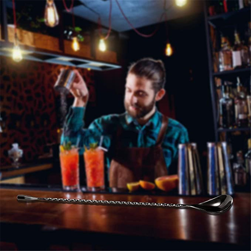 Nerūdijančio plieno juodo kokteilių šaukšto juostelė maišymo šaukštas ilga rankena spiralinio rašto maišymo plaktuvo šaukštas, 12 colių
