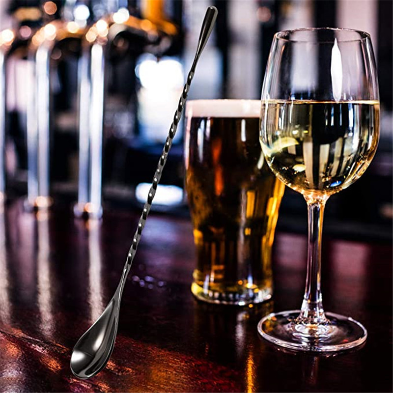 Nerūdijančio plieno juodo kokteilių šaukšto juostelė maišymo šaukštas ilga rankena spiralinio rašto maišymo plaktuvo šaukštas, 12 colių