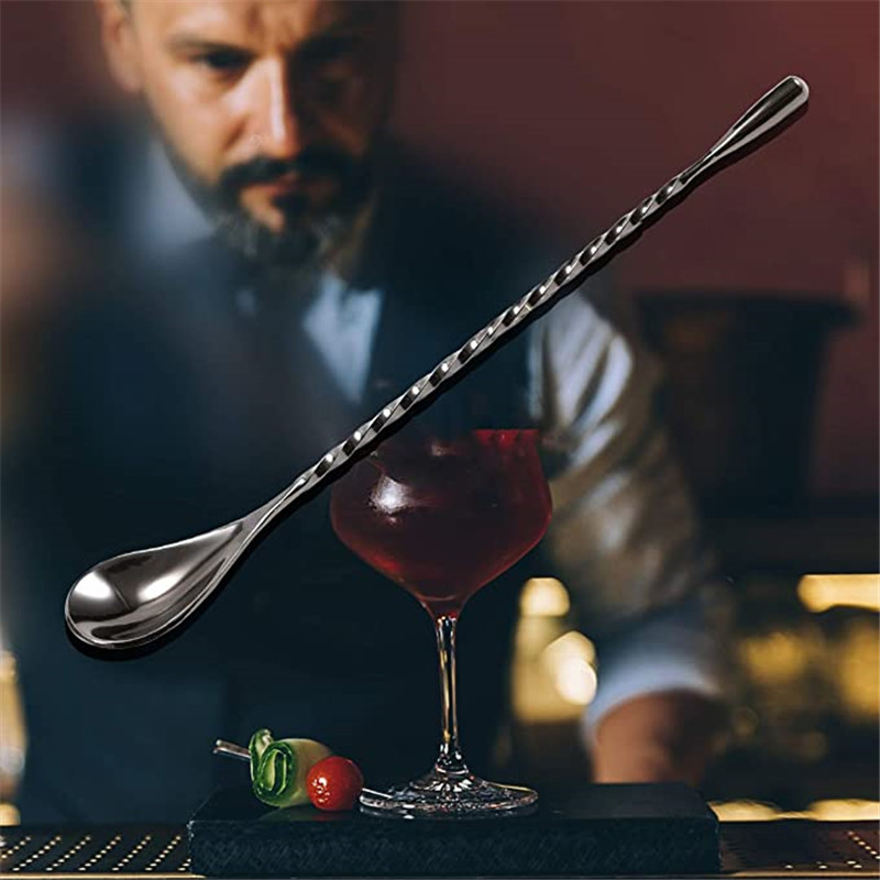 Nerūdijančio plieno juodo kokteilių šaukšto juostelė maišymo šaukštas ilga rankena spiralinio rašto maišymo plaktuvo šaukštas, 12 colių