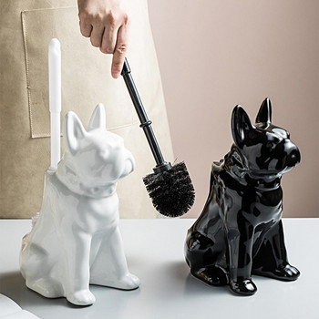 1 комплект четка за тоалетна мека гъста четина с гладък ръб ръчна керамика с форма на куче Поставка за тоалетна четка за баня Подаръци за декорация на дома