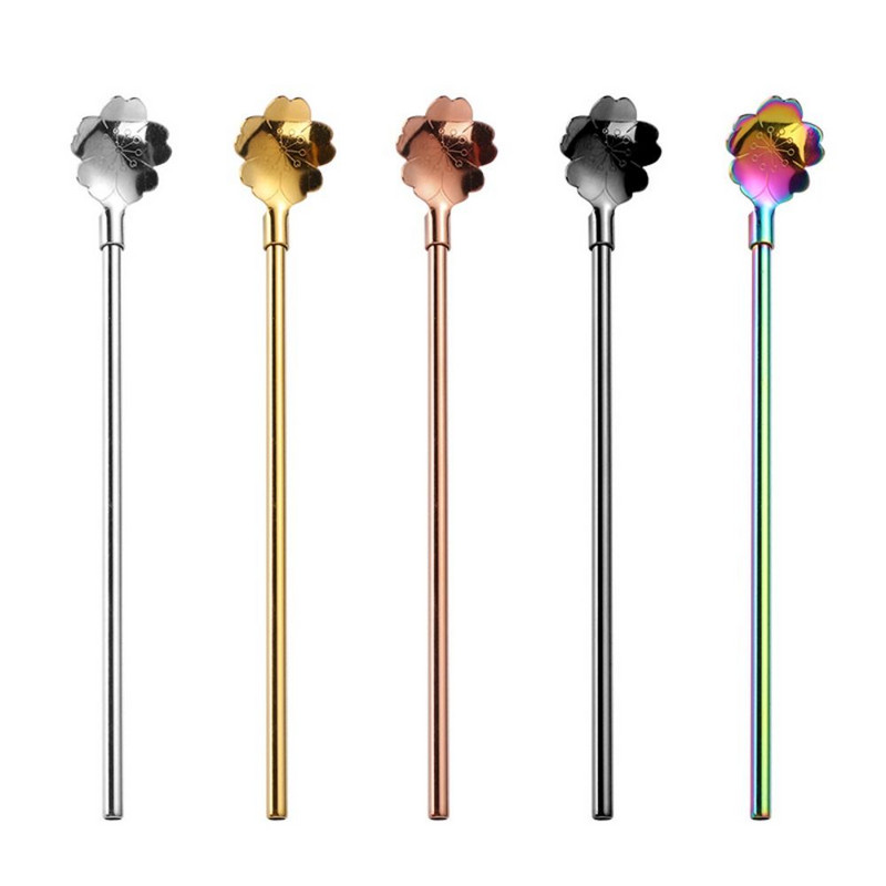 Nerūdijančio plieno gėlių šiaudų šaukštas pieno arbatos kavos ilga rankena maišymo lazdelė kokteilis desertas kaušelis daugkartinio naudojimo metalinis šiaudelis