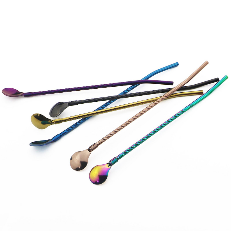 Spalvingas šiaudų šaukštas 18/10 nerūdijančio plieno metalo šiaudų daugkartinio naudojimo kokteilių šiaudų šaukštas pieno baras kavos maišymo priedas