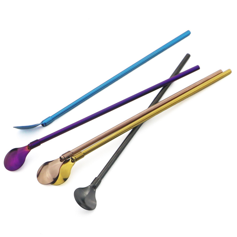 Spalvingas šiaudų šaukštas 18/10 nerūdijančio plieno metalo šiaudų daugkartinio naudojimo kokteilių šiaudų šaukštas pieno baras kavos maišymo priedas