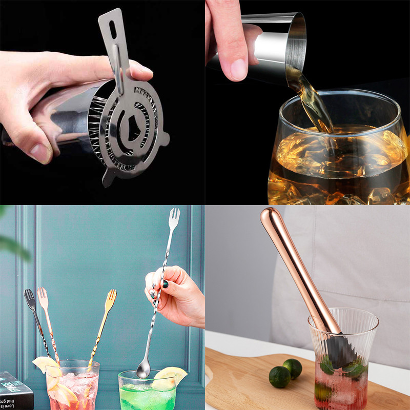5–7 dalių kokteilių plaktuvų rinkinys Barmeno komplektas Baro įrankis Vyno šaukštas sietelis Muddler Jigger Martini su stilingu stovo gėrimų receptu