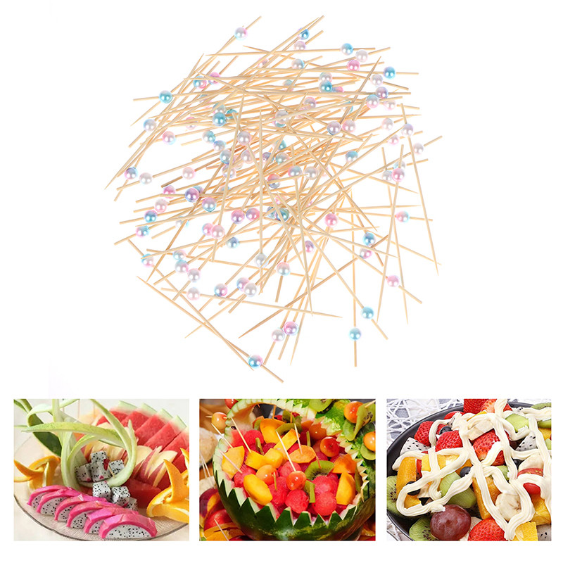 100 vnt spalvingi karoliukai bambukiniai vaisiniai lazdelės kokteilių dekoravimui salotos užkandžiai sumuštiniai švediško stalo dantų krapštukai vestuvių vakarėliui