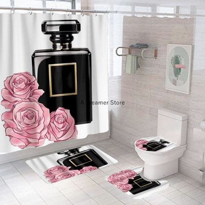 Kozmetika parfüm és virág 3d zuhanyfüggöny 4db szett egyedi horgok nyomtatott dekor Fürdőszoba vízálló takaró képernyő