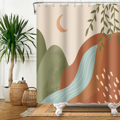 Perdele de duș Boho cu artă abstractă de vânt nordic Perdele de baie din poliester impermeabile Morandi Perdele cu bloc de culoare pentru decorarea băii