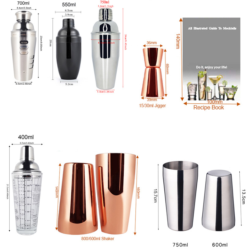 2-6gab American Style Boston Shaker kokteiļu šeikeri 750ml/600ml/450ml nerūsējošā tērauda kratītāja krūzes stieņa rīks