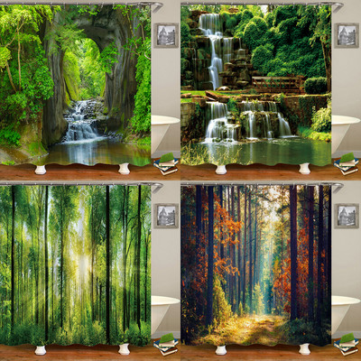 Σύγχρονη 3D εκτύπωση Forest κουρτίνα μπάνιου Πράσινη φυτό δέντρο τοπίο κουρτίνα μπάνιου με γάντζους για αδιάβροχο τοπίο μπάνιου