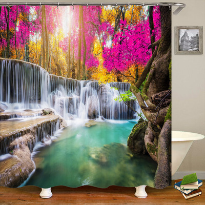 Šiuolaikinės 3D spausdinimo miško dušo užuolaidos žalios augalų medžio kraštovaizdžio vonios užuolaidos su kabliukais, skirtos vandeniui nepralaidžiam vonios kambario dekoravimui