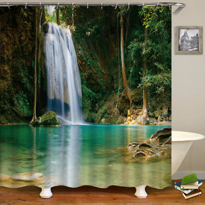 Šiuolaikinės 3D spausdinimo miško dušo užuolaidos žalios augalų medžio kraštovaizdžio vonios užuolaidos su kabliukais, skirtos vandeniui nepralaidžiam vonios kambario dekoravimui