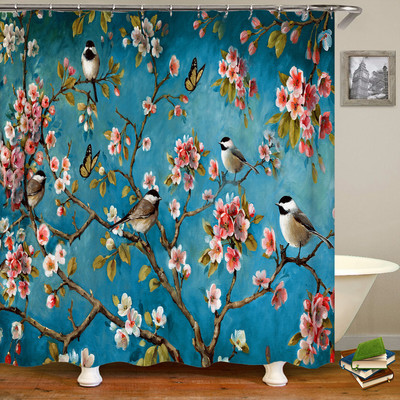 Zavjese za tuširanje s cvijećem i pticama u kineskom stilu Zavjesa za kadu Vodootporni kupaonski dekor s kukama 3D ispis Zavjesa za kadu