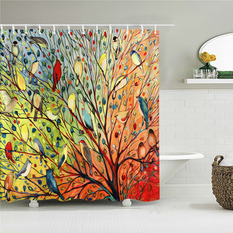 Zavjese za tuširanje s cvijećem i pticama u kineskom stilu Zavjesa za kadu Vodootporni kupaonski dekor s kukama 3D ispis Zavjesa za kadu