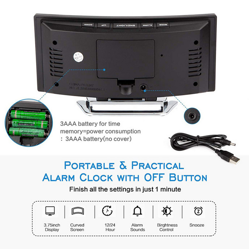 Ceas cu alarmă electronic, 7 inchi, curbat, cu LED, ceas de masă digital, pentru dormitor pentru copii, verde, roșu, cu număr mare, ușor