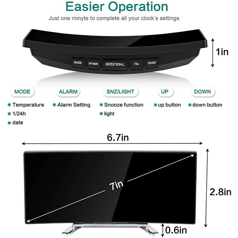 Ceas cu alarmă electronic, 7 inchi, curbat, cu LED, ceas de masă digital, pentru dormitor pentru copii, verde, roșu, cu număr mare, ușor