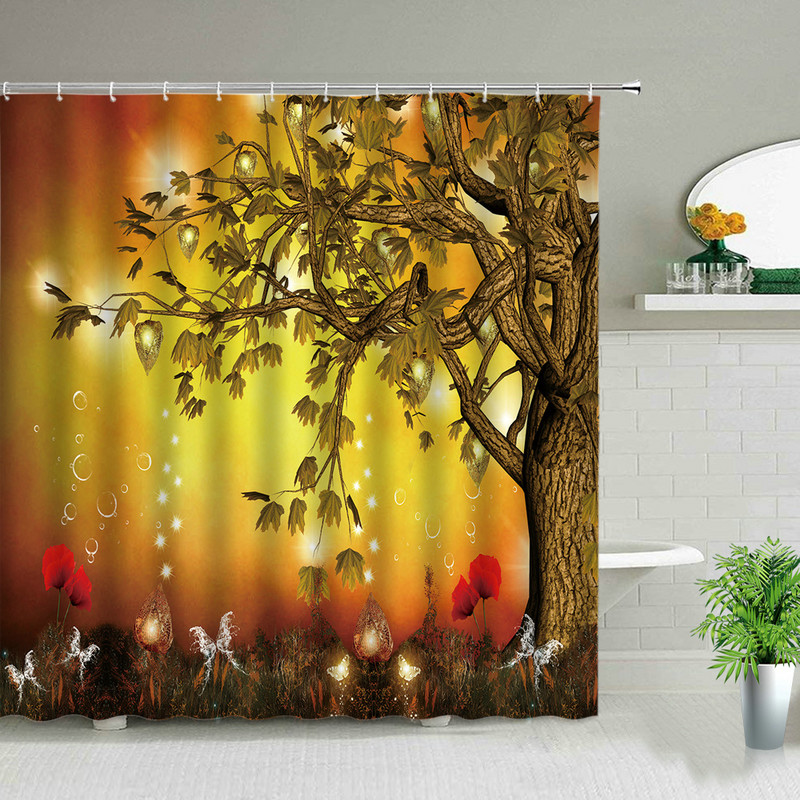 Šumski krajolik Zavjese za tuširanje Drvo Vodopad Planina Fuji Krajolik Vodootporni set kupaonskih zavjesa Dekorativna tkanina za kadu s kukom