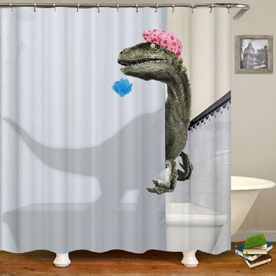 Aranyos dinoszaurusz vicces zuhany Fürdőszoba függöny Vízálló macska zöld levelek szövet pasztell WC ajtó függönyök modern márvány Cortina