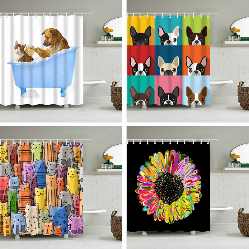 Juokingas mažos katės šuns maudymosi dušo užuolaidos animacinių filmų gyvūnai, atspausdintas vonios užuolaidų rinkinys, vandeniui atsparus poliesterio audinio vonios ekranas