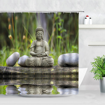 Дзен зелен бамбук Буда завеса за душ Пейзаж Водна свещ Камък Лоту Растение Градинска природа Водоустойчива завеса за баня Параван