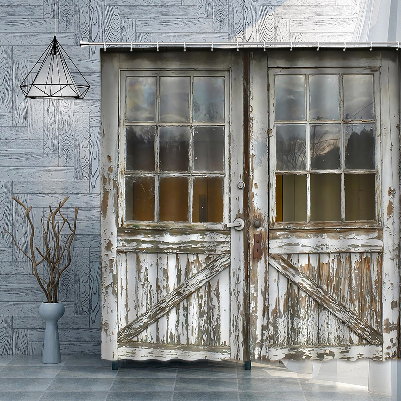 Senų medinių durų dušo užuolaidos ūkio tvarto durys kaimo sodybos apdaila Poliesterio audinys Vonios užuolaidos Vonios kambario priedų rinkinys