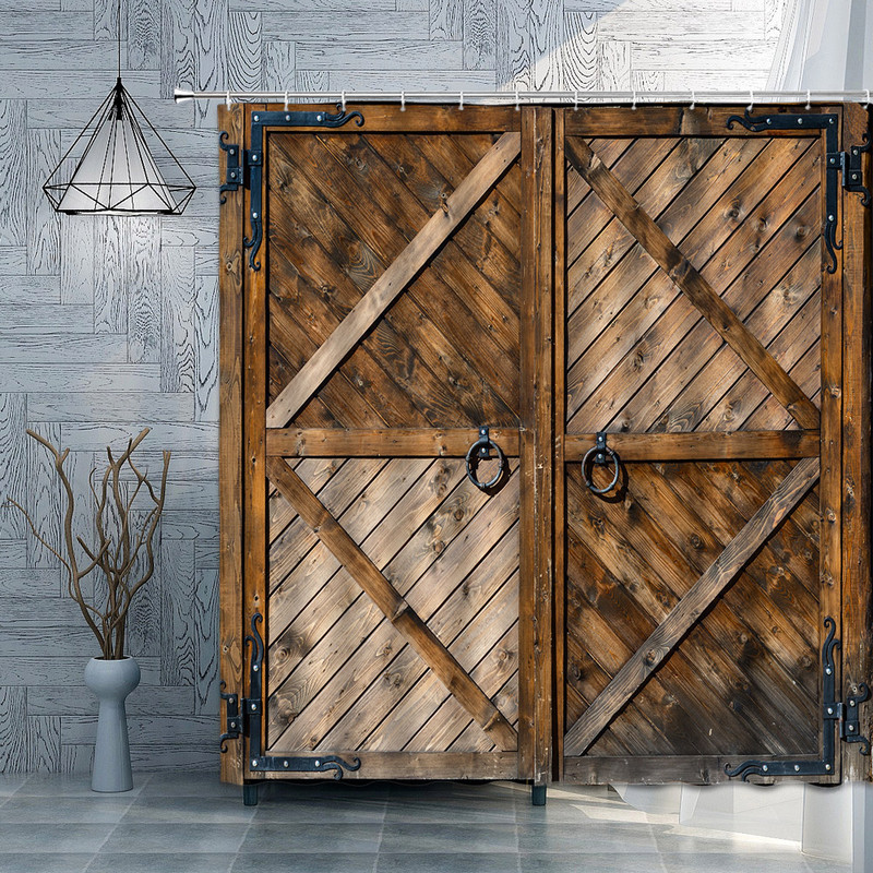 Senų medinių durų dušo užuolaidos ūkio tvarto durys kaimo sodybos apdaila Poliesterio audinys Vonios užuolaidos Vonios kambario priedų rinkinys