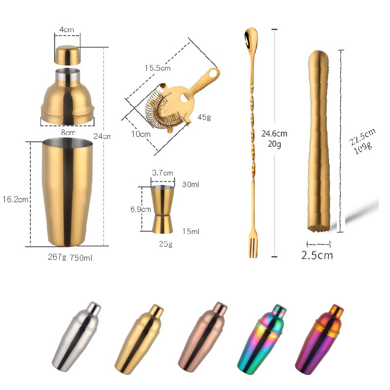 750 ml nerūdijančio plieno Bostono kokteilių rinkinys vyno pylimo aparato aukso strypų įrankių rinkinys su sieteliu matavimo puodeliu barmenas