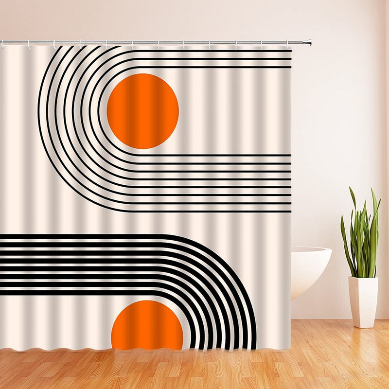 Apstraktna zavjesa za tuširanje iz sredine stoljeća Luk Sunce Mjesec Minimalistički geometrijski krivulje Pruge Tkanina Božićni krajolik Bth kuka za zavjese