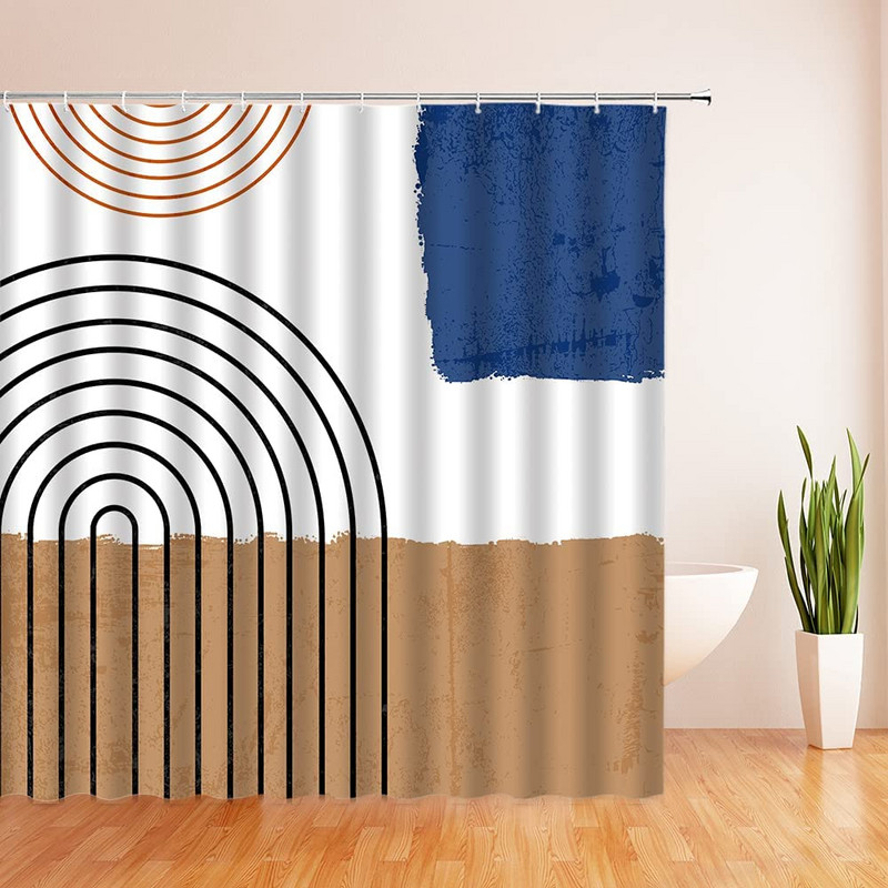 Apstraktna zavjesa za tuširanje iz sredine stoljeća Luk Sunce Mjesec Minimalistički geometrijski krivulje Pruge Tkanina Božićni krajolik Bth kuka za zavjese