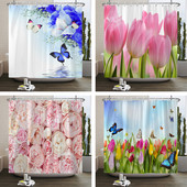 Perdeau de duș cu flori cu imprimare florală lalele, țesătură din poliester, perdea de baie cu cârlige, perdea decorativă 180x180cm