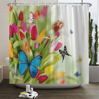 Perdeau de duș cu flori cu imprimare florală lalele, țesătură din poliester, perdea de baie cu cârlige, perdea decorativă 180x180cm