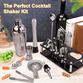 Комплект за приготвяне на коктейли Шейкър Бармански инструменти от неръждаема стомана Комплект за барман ​с витрина Поставка Лъжица за смесване на кубчета лед Книга с рецепти Подарък