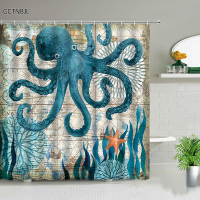 Ocean Životinja Hobotnica Kit Morska Kornjača Zavjese za tuširanje Kreativnost Dizajn Kupaonica Zavjesa za kadu Dekoracija kade Setovi tkanina s kukom