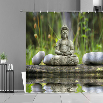 Zen Κουρτίνες μπάνιου Βουδισμός Buddha Lotus Τοπίο Κουρτίνες μπάνιου Zen Stone Πράσινο Μπαμπού Λουλούδια Φυτά Τοπική Διακόσμηση μπάνιου