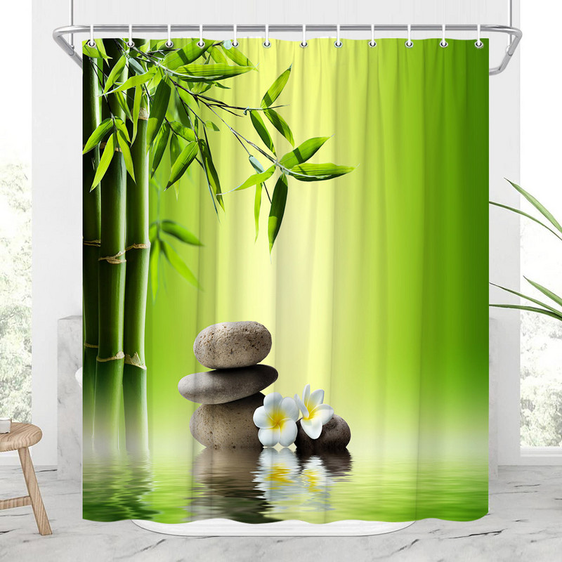 Zen Zavjese za tuš Budizam Buddha Lotus Pejzaž Zavjese za tuš Zen Kamen Zeleni Bambus Cvijeće Biljke Krajolik Dekoracija kupaonice