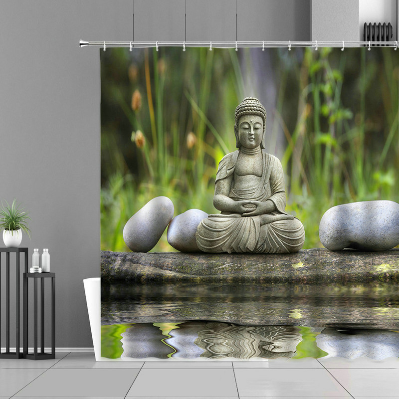 Zen Zavjese za tuš Budizam Buddha Lotus Pejzaž Zavjese za tuš Zen Kamen Zeleni Bambus Cvijeće Biljke Krajolik Dekoracija kupaonice