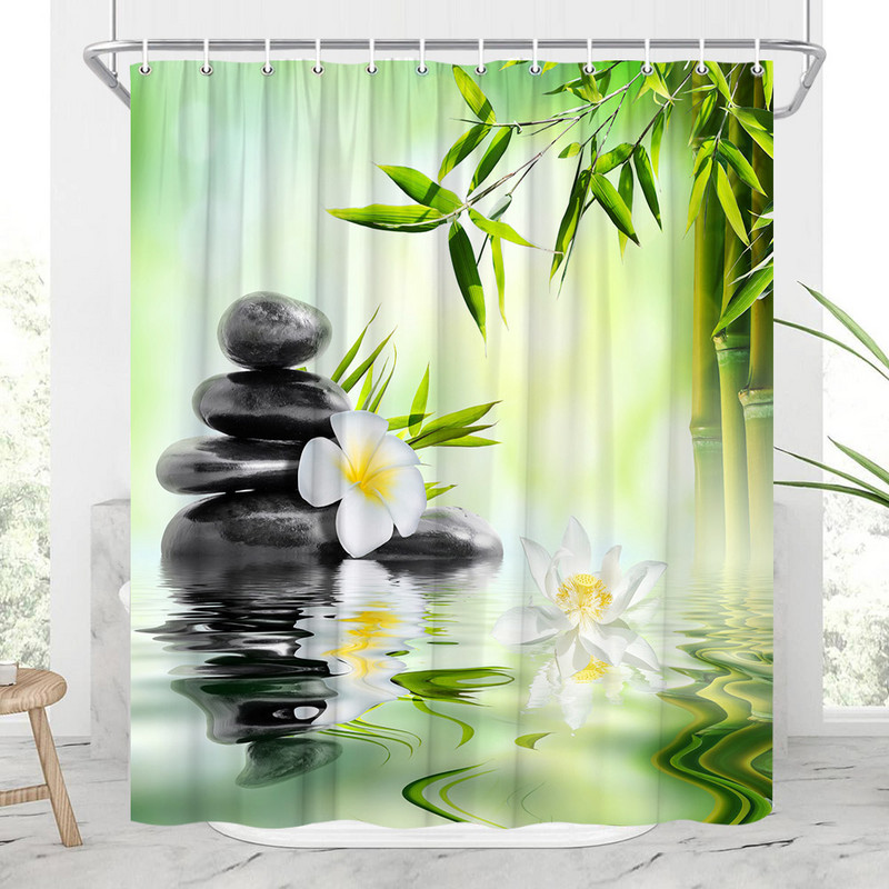 Zen Zavjese za tuš Budizam Buddha Lotus Pejzaž Zavjese za tuš Zen Kamen Zeleni Bambus Cvijeće Biljke Krajolik Dekoracija kupaonice