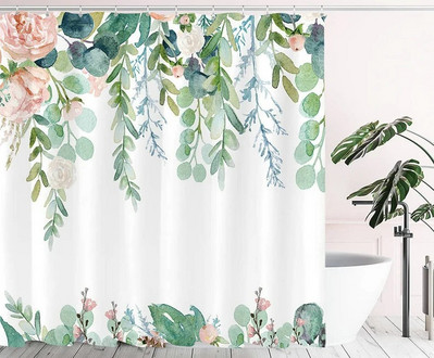 Art Geometry Pattern Zavjesa za tuširanje Zelena biljka Cvjetna tkanina Vodootporni poliester Kupaonski pribor Dekoracija zavjesa za kadu Cortina