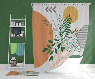Art Geometry Pattern Zavjesa za tuširanje Zelena biljka Cvjetna tkanina Vodootporni poliester Kupaonski pribor Dekoracija zavjesa za kadu Cortina