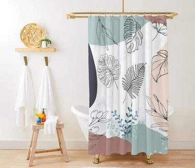 Art Geometry Pattern Zavjesa za tuširanje Zelena biljka Cvjetna tkanina Vodootporni poliester Kupaonski pribor Dekoracija zavjesa za kadu Cortina