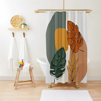 Art Geometry Pattern Zavjesa za tuširanje Zelena biljka Cvjetna tkanina Vodootporni poliester Kupaonski pribor Dekoracija zavjesa za kadu Cortina