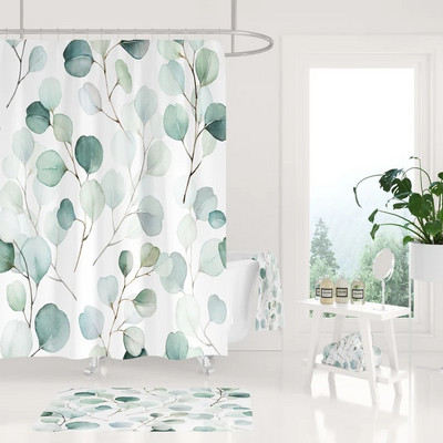 Art Geometry Pattern Zavjesa za tuširanje Zelena biljka Cvjetna tkanina Vodootporni poliester Kupaonski pribor Dekoracija zavjesa za kadu Cortina