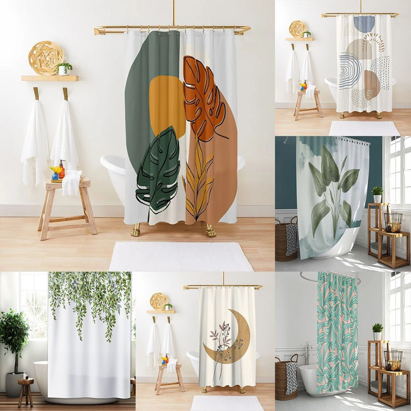 Art Geometry Pattern Zavjesa za tuširanje Zelena biljka Cvjetna tkanina Vodootporni poliester Kupaonski pribor Dekoracija zavjesa za kadu Cortina