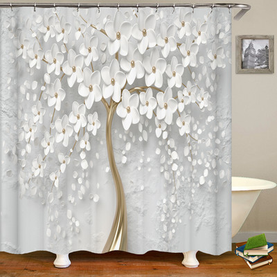3D kauni lillepuuga trükitud vannitoakardin polüester veekindel konksudega kodukaunistusega dušikardin vannitoaekraan