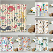 Karikatūra ar rokām apgleznota dzīvnieku dušas aizkars kaķis putns trusis augs puķes bērns vannas istabas dekors ar āķi piekārtu ekrānu, mazgājams