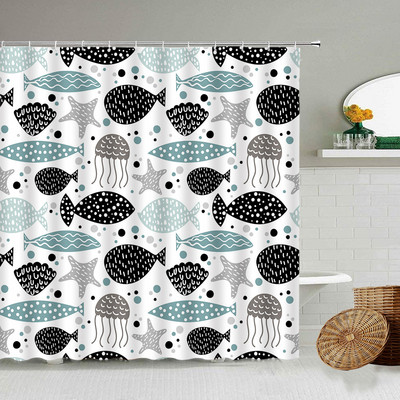 Karikatūra ar rokām apgleznota dzīvnieku dušas aizkars kaķis putns trusis augs puķes bērns vannas istabas dekors ar āķi piekārtu ekrānu, mazgājams