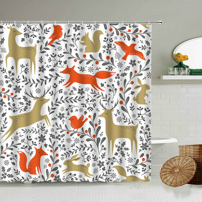 Karikatūra ar rokām apgleznota dzīvnieku dušas aizkars kaķis putns trusis augs puķes bērns vannas istabas dekors ar āķi piekārtu ekrānu, mazgājams