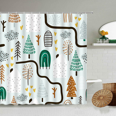 Karikatūra ar rokām apgleznota dzīvnieku dušas aizkars kaķis putns trusis augs puķes bērns vannas istabas dekors ar āķi piekārtu ekrānu, mazgājams