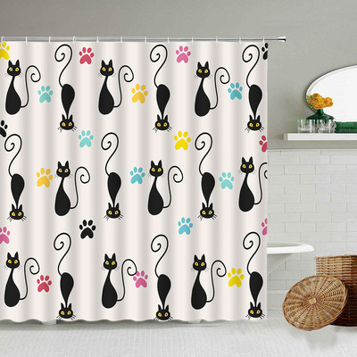 Karikatūra ar rokām apgleznota dzīvnieku dušas aizkars kaķis putns trusis augs puķes bērns vannas istabas dekors ar āķi piekārtu ekrānu, mazgājams